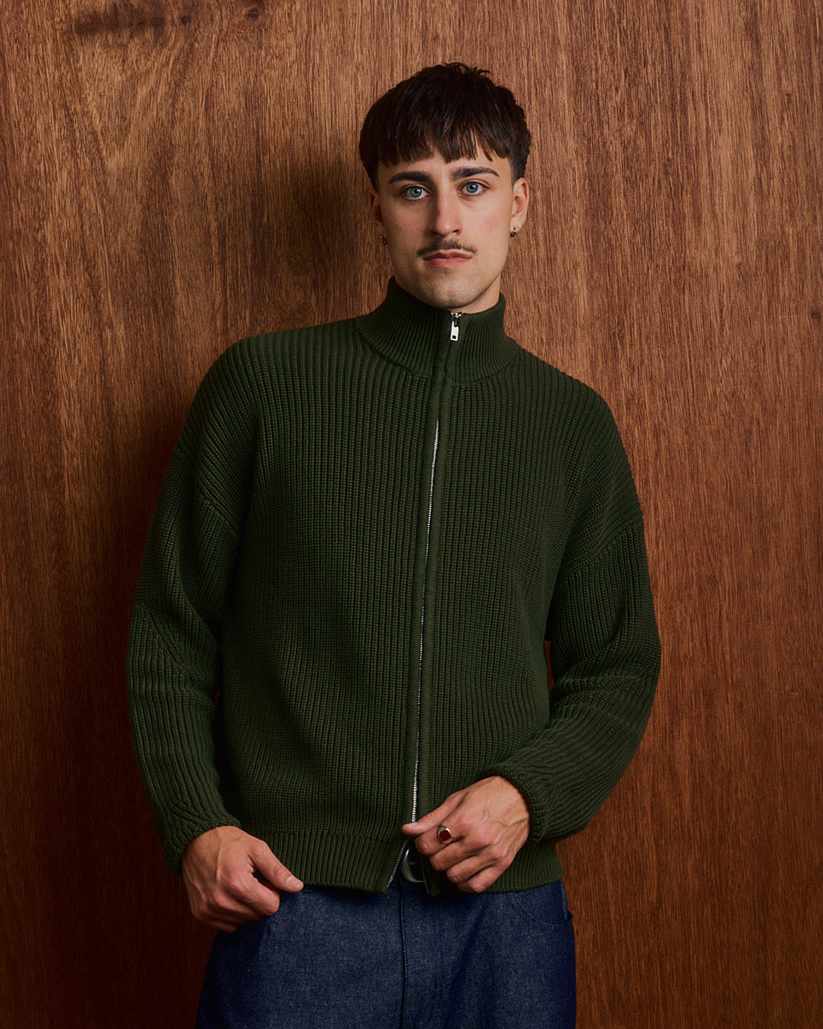 Fisherman Zip Cardigan Knit - Dark Moss