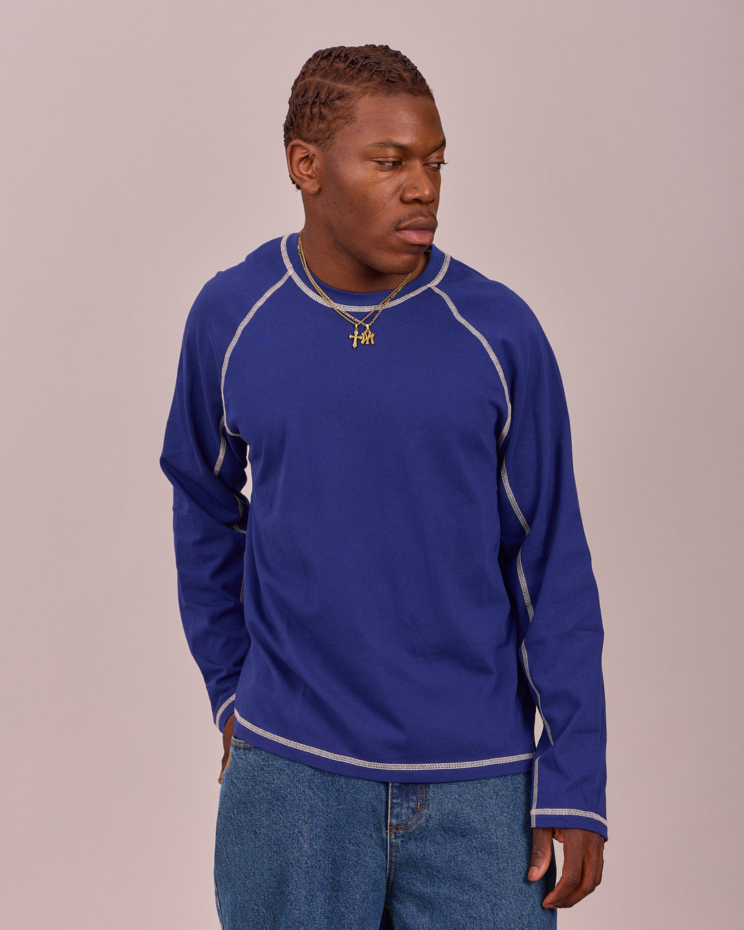 LS Classic Flatlock Tee - Blue/Off White