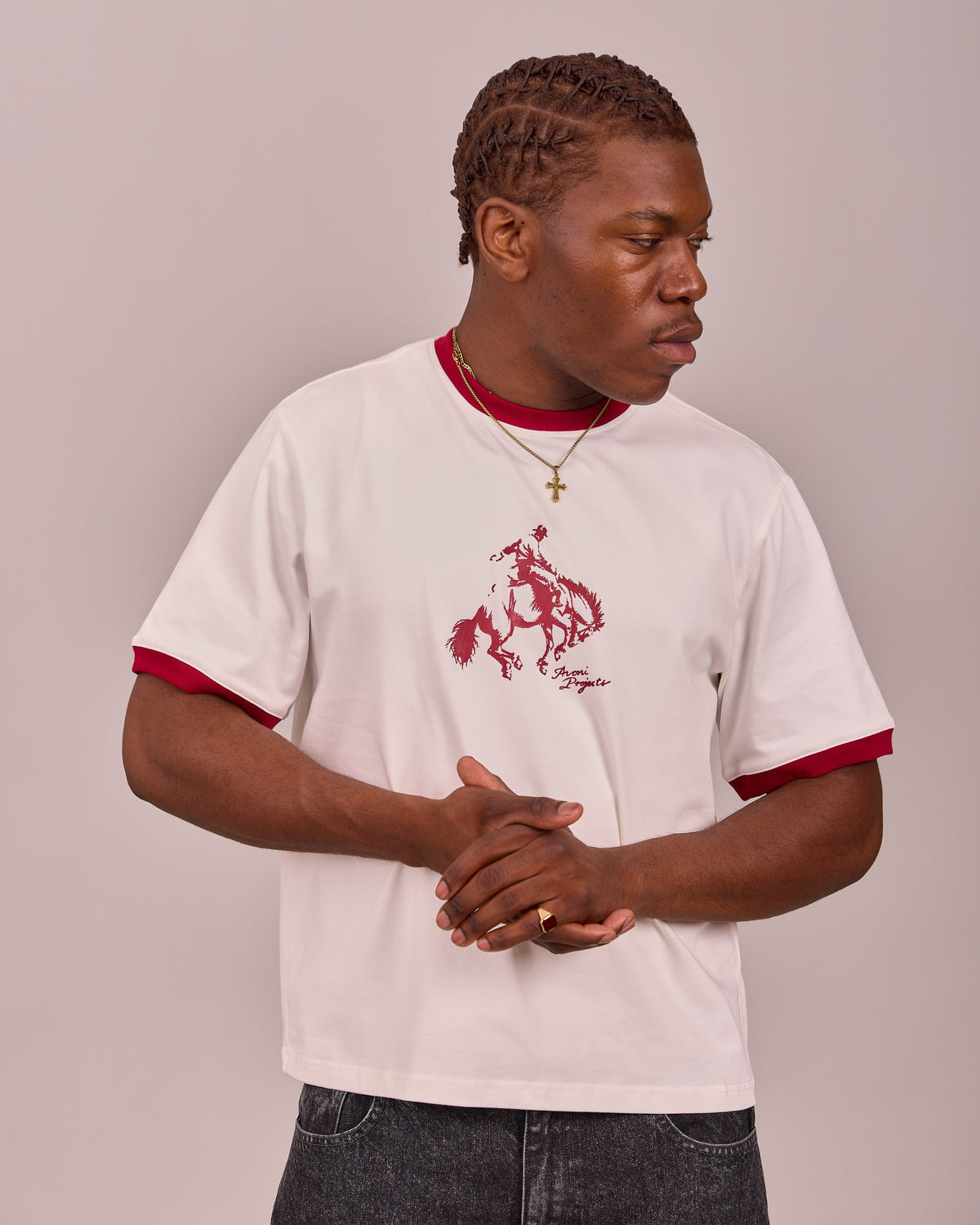 SS Cowboy Ringer Tee - Off White/Burgundy