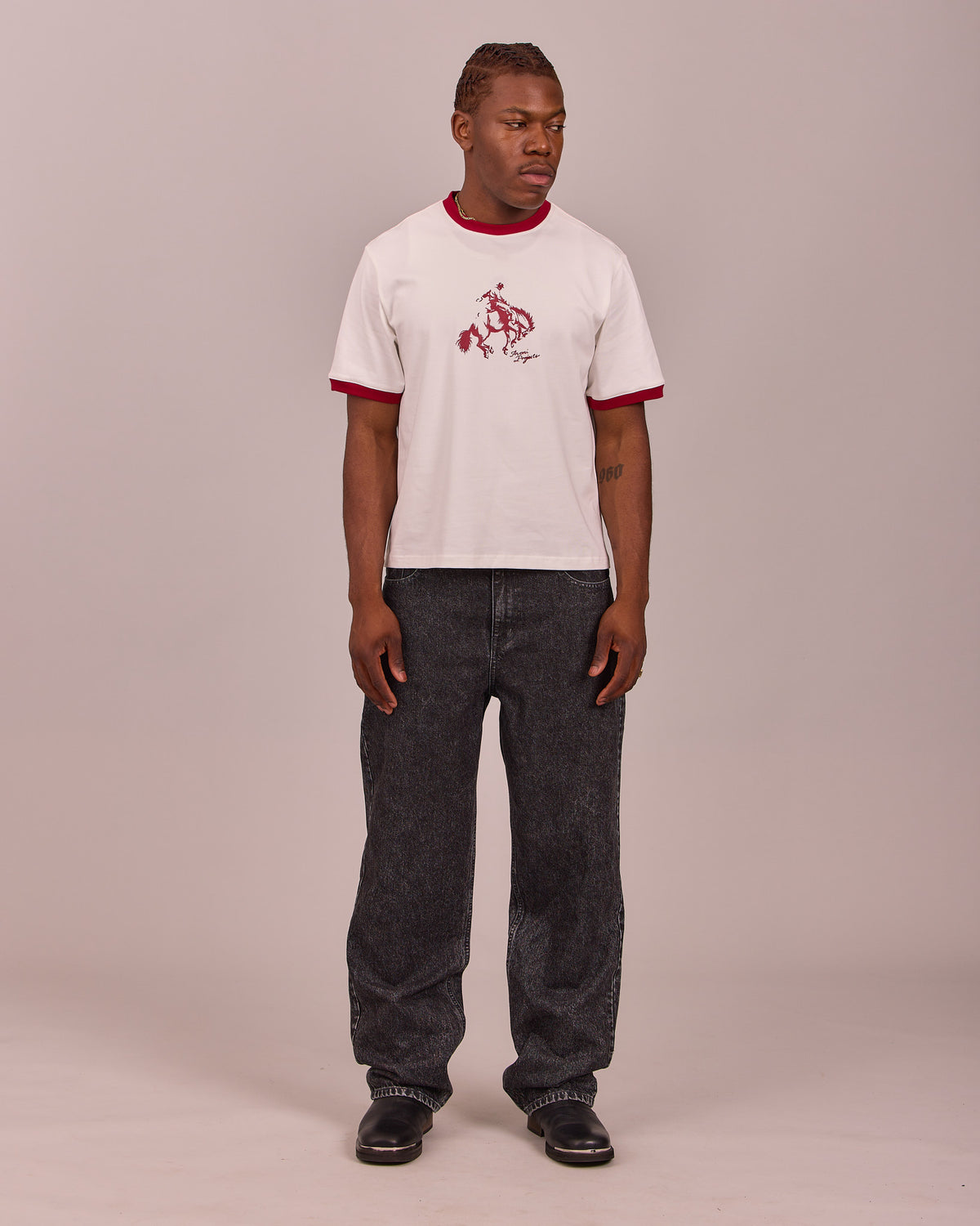 SS Cowboy Ringer Tee - Off White/Burgundy