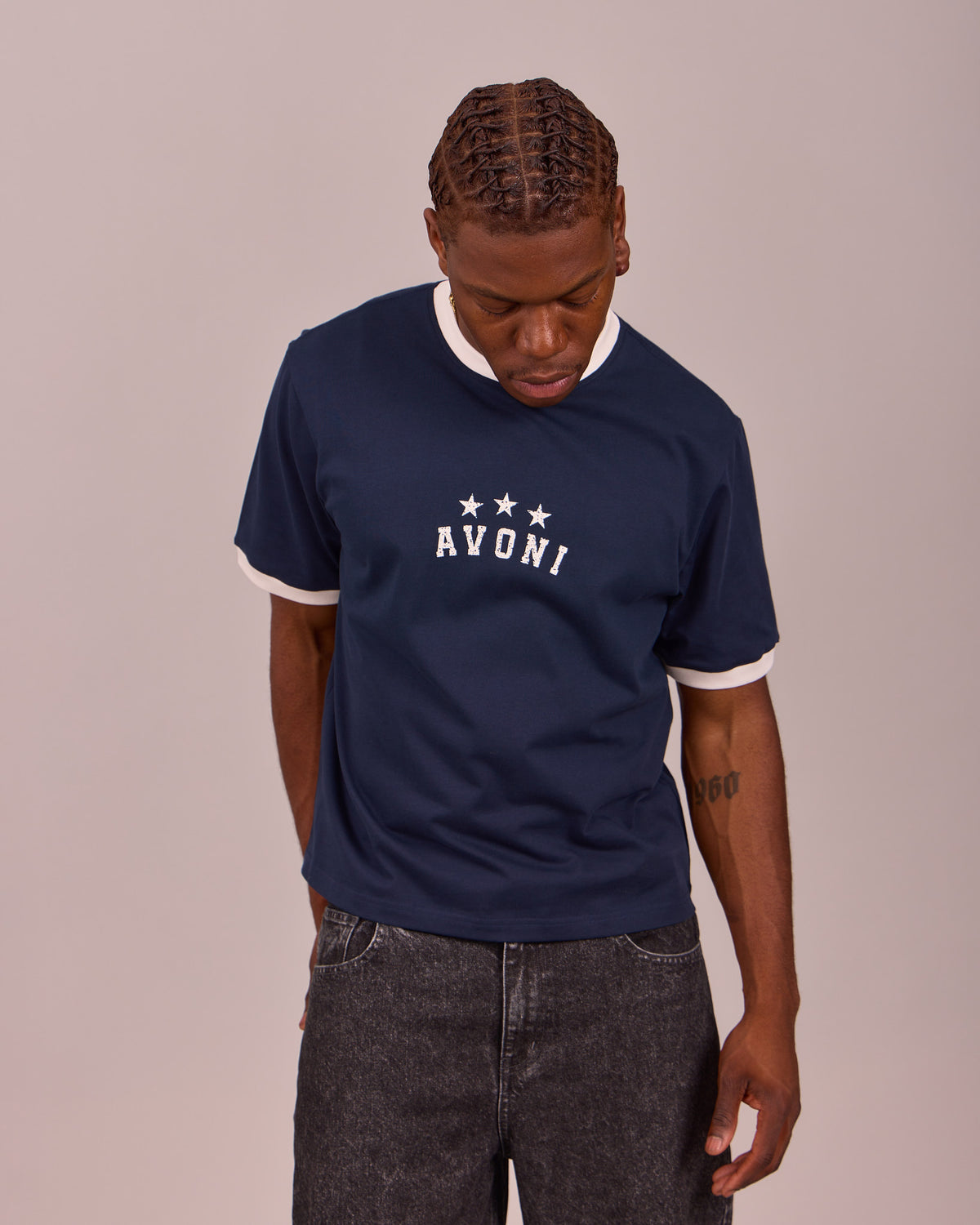 SS Star Ringer Tee - Navy/Off White