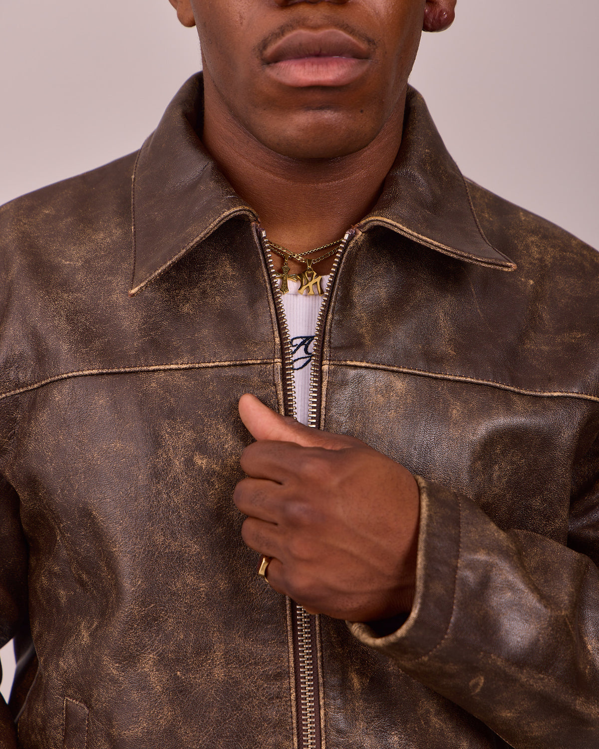 Distressed Leather Jacket w. Buckles - Brown