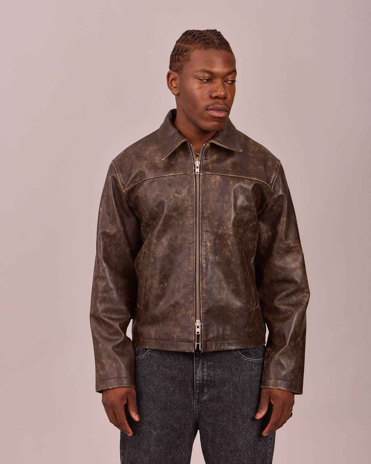 Distressed Leather Jacket w. Buckles - Brown