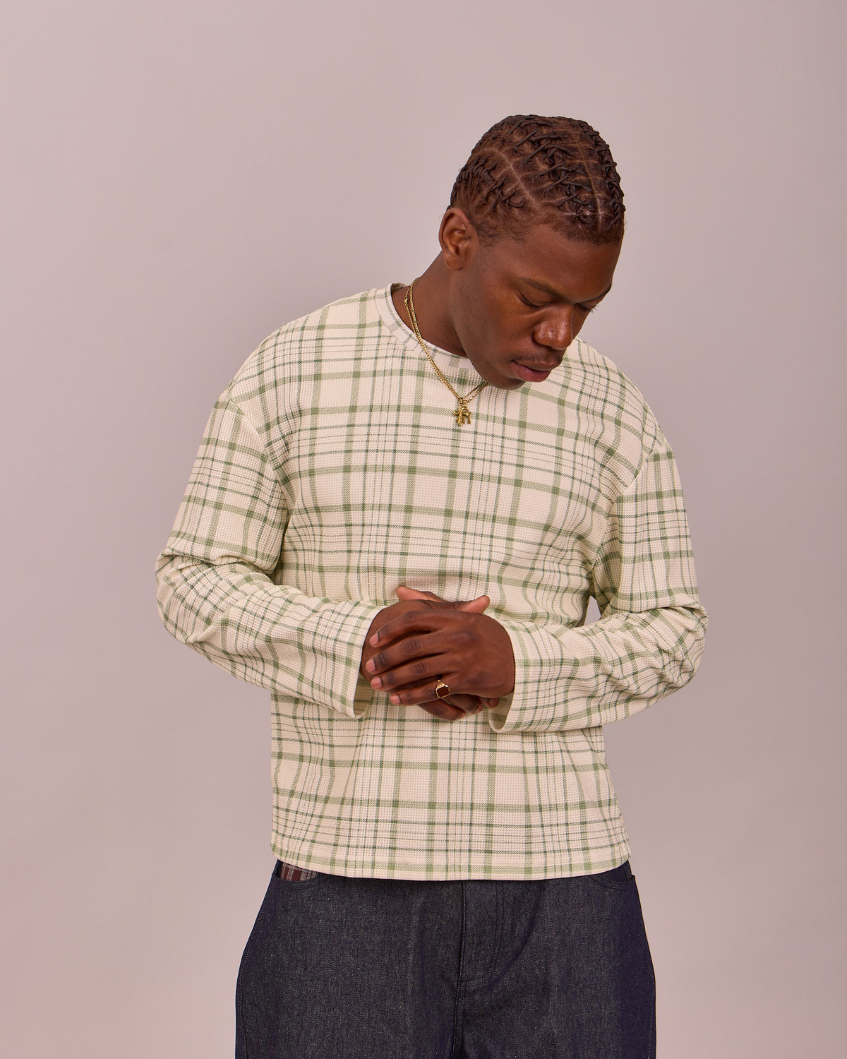 LS Classic Waffle Tee - Green Check