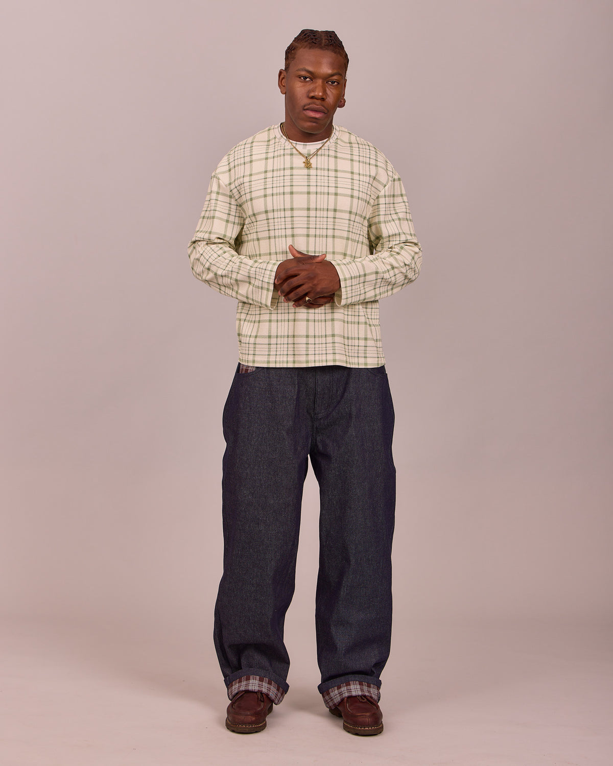 LS Classic Waffle Tee - Green Check