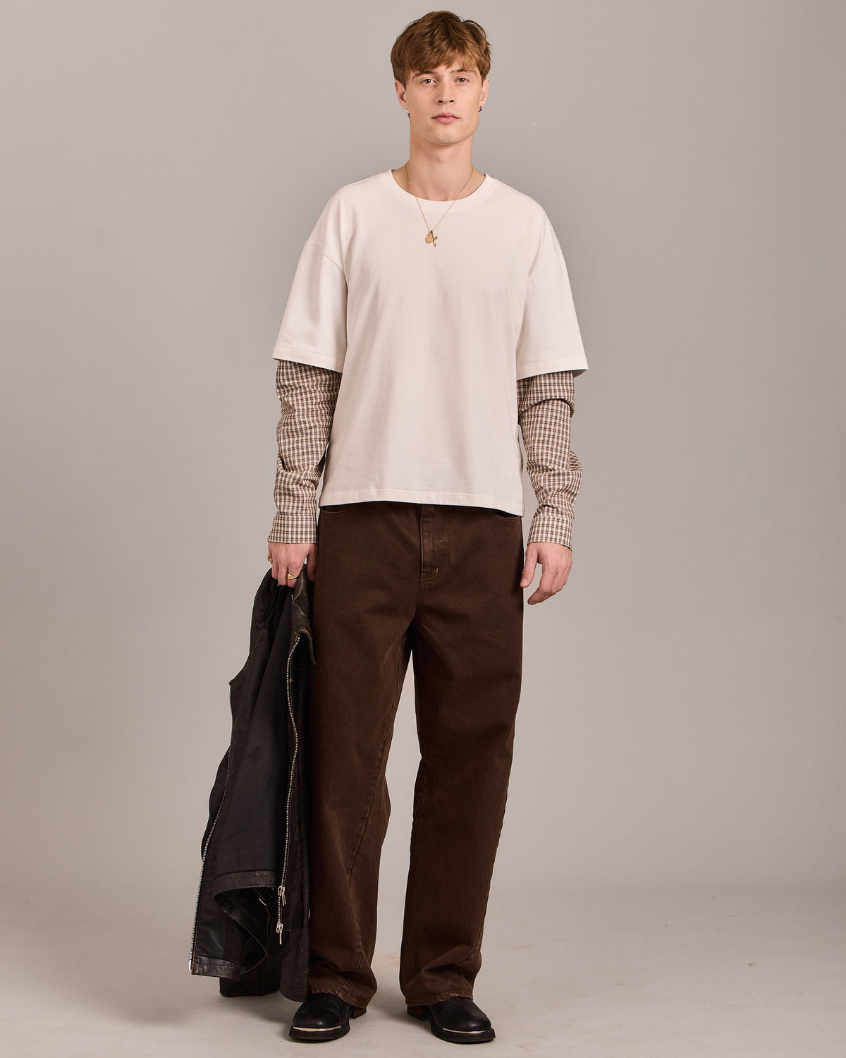 LS Shirt w. Tee - Off White/Brown Check