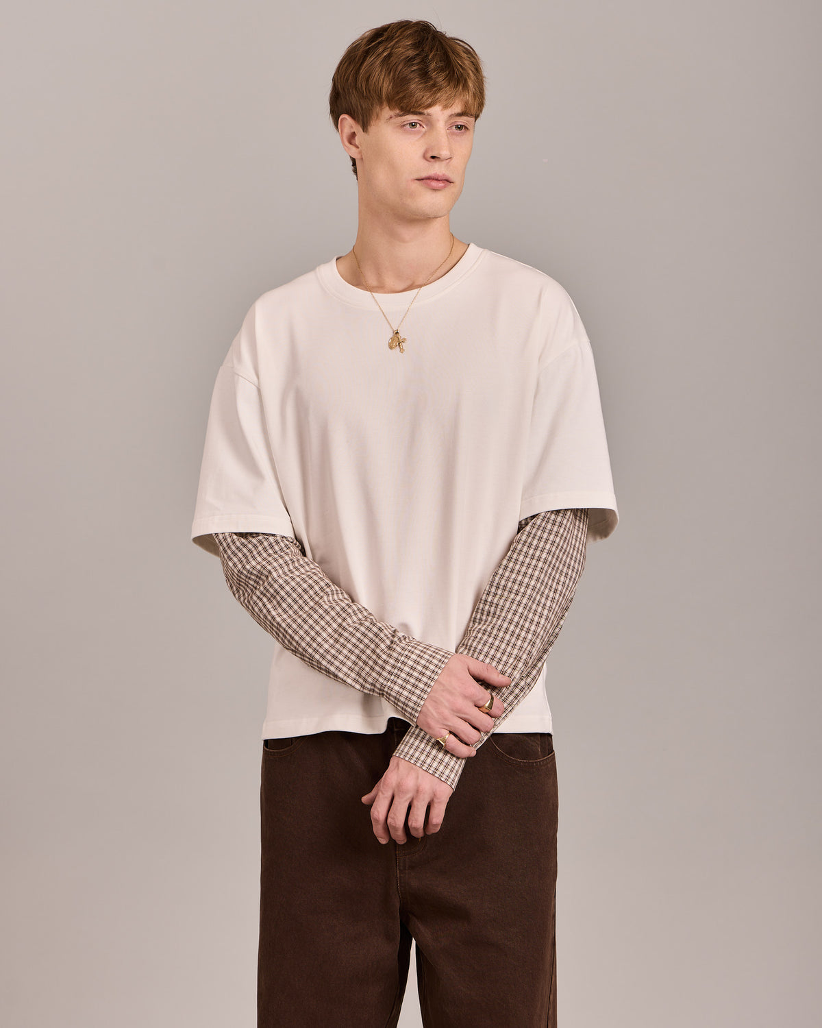 LS Shirt w. Tee - Off White/Brown Check
