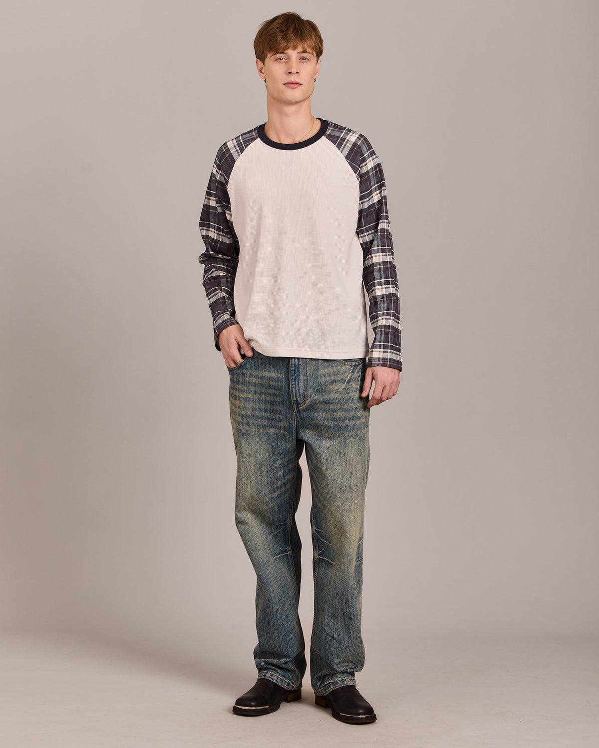 LS Raglan Classic Waffle Tee - Blue Check
