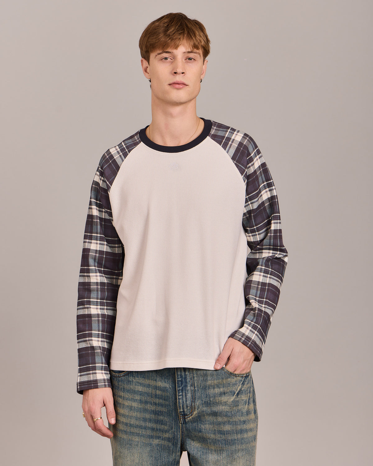 LS Raglan Classic Waffle Tee - Blue Check
