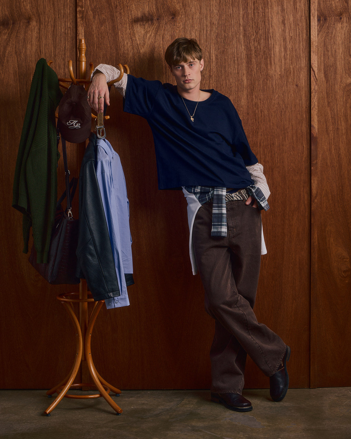 LS Shirt w. Tee - Navy/Orange Check