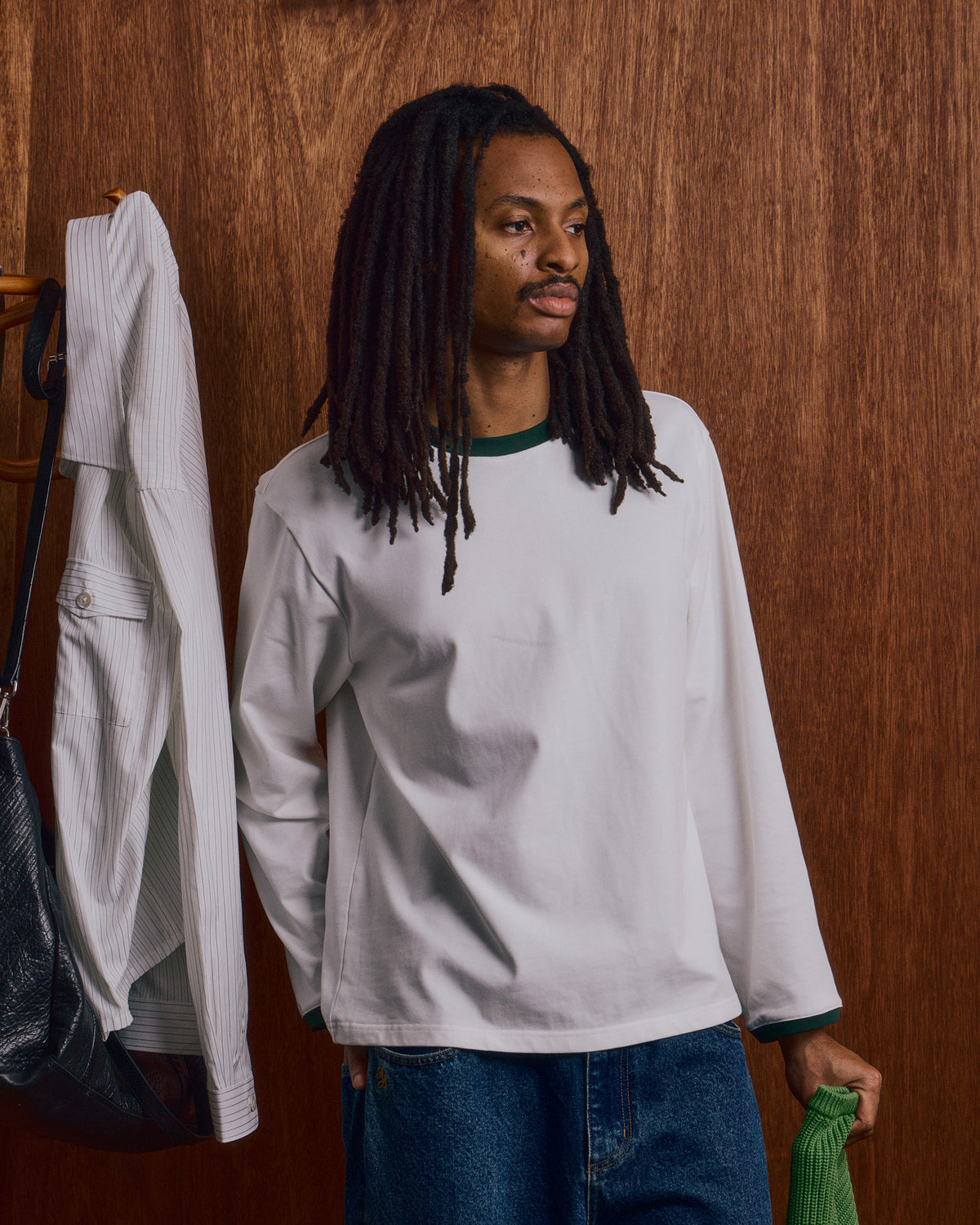LS Ringer Tee - Off White/Dark Green