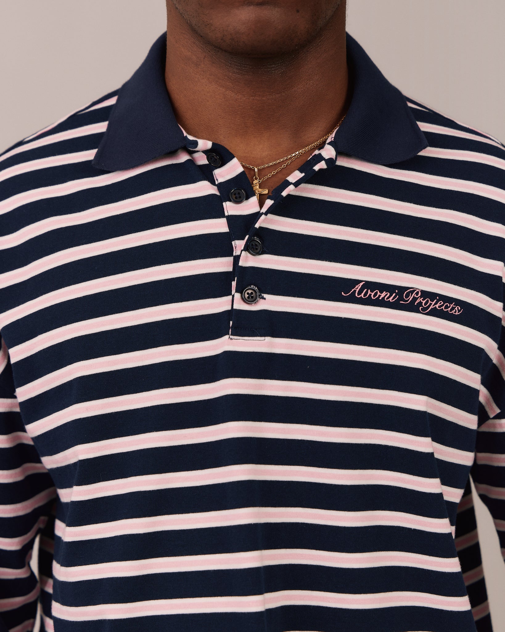 LS Polo Shirt - Navy/Pink Stripe