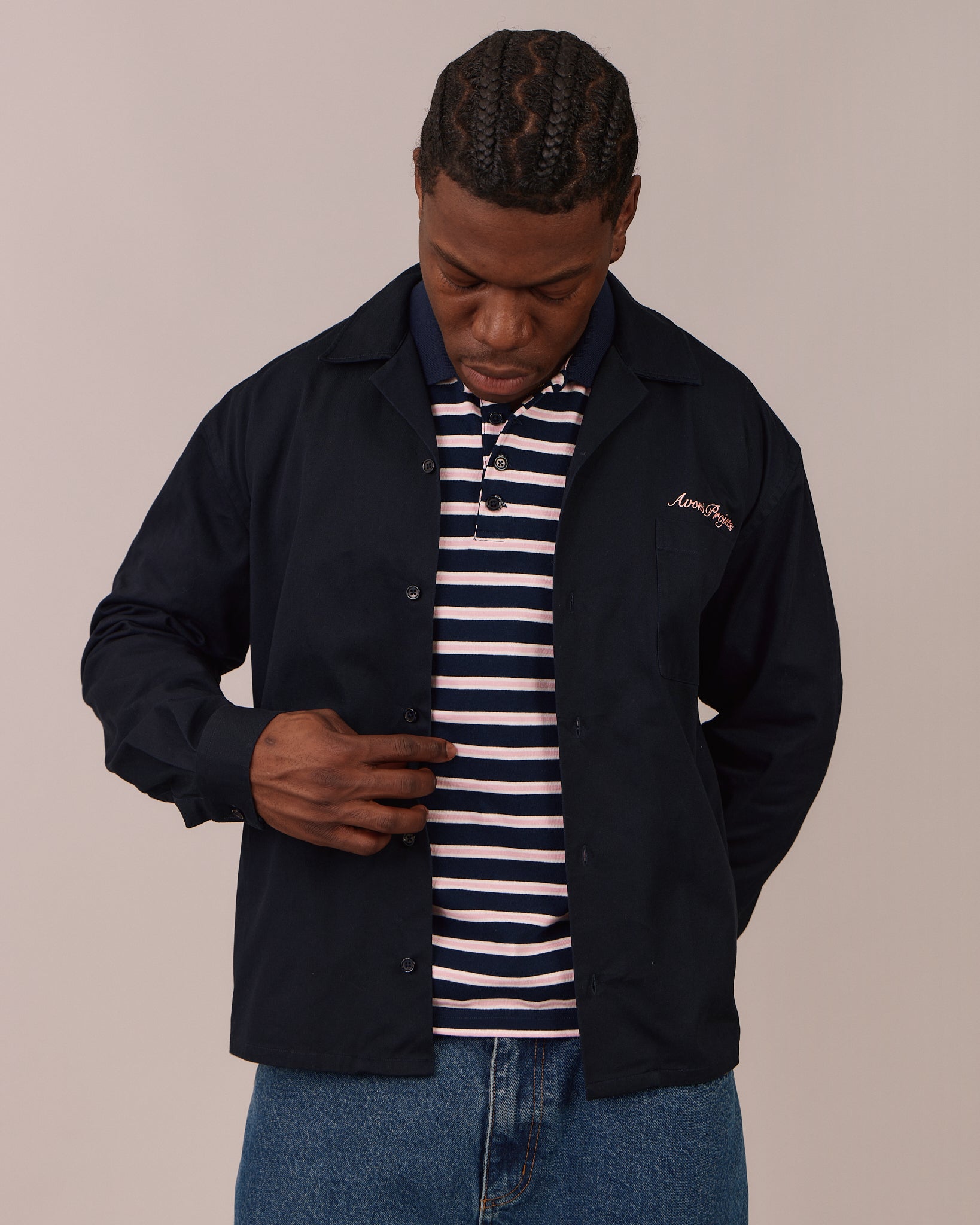 LS Polo Shirt - Navy/Pink Stripe