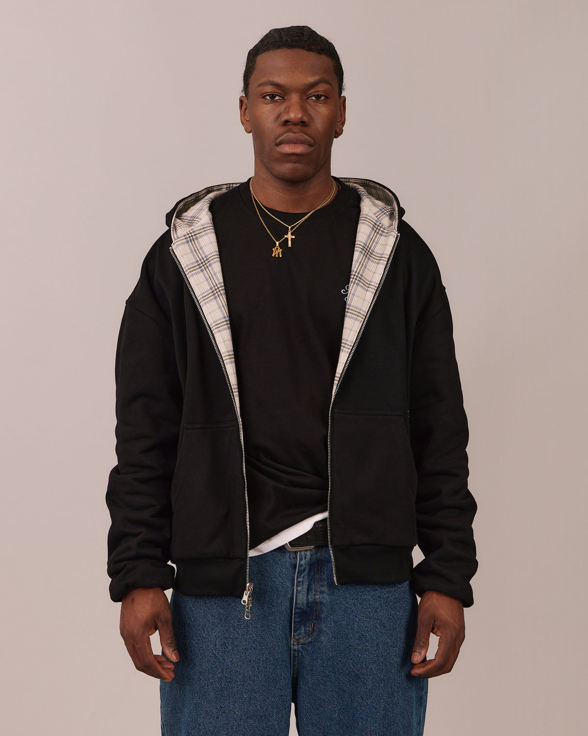 Reversible Zip Hoodie - Black/Check