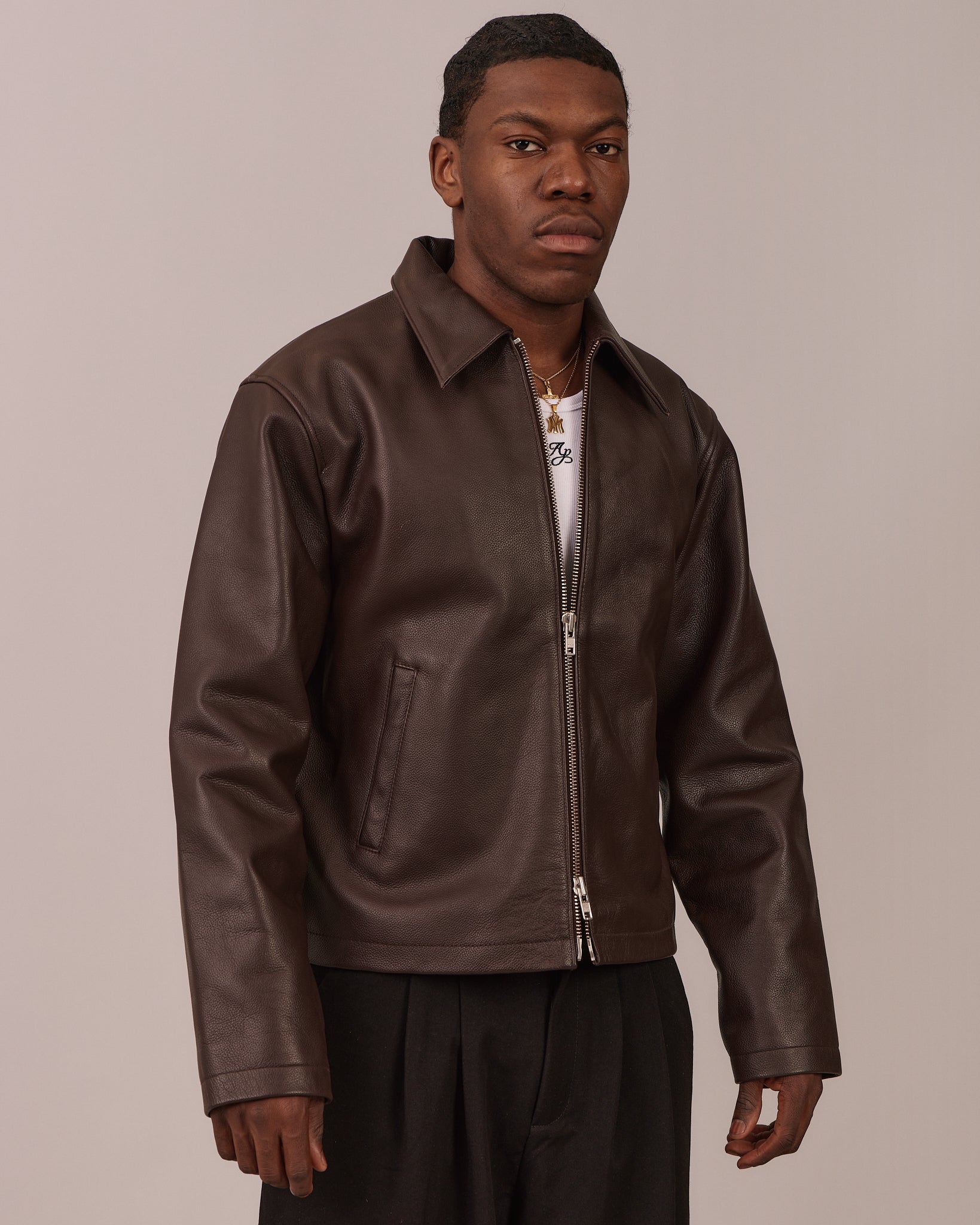 Pebbled Leather Jacket - Brown