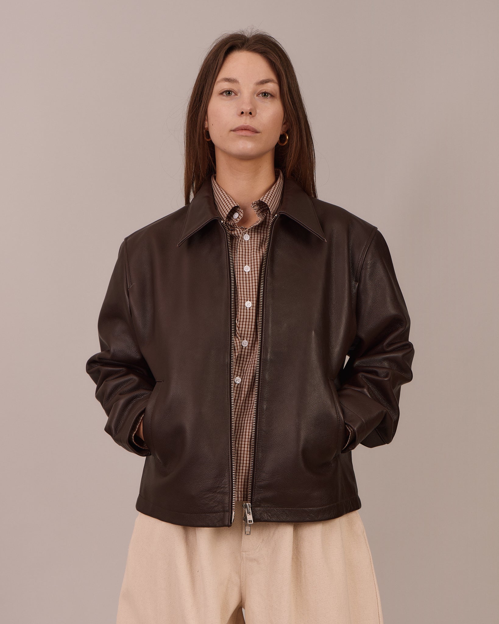 Pebbled Leather Jacket - Brown