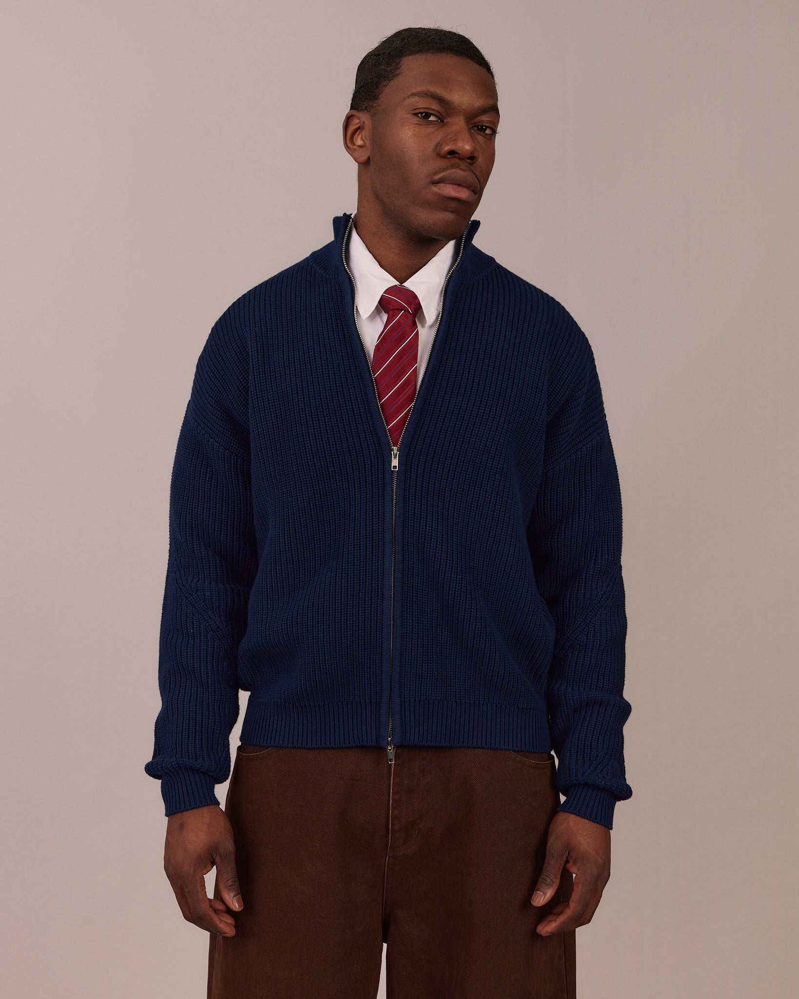 Fisherman Zip Cardigan Knit - Navy
