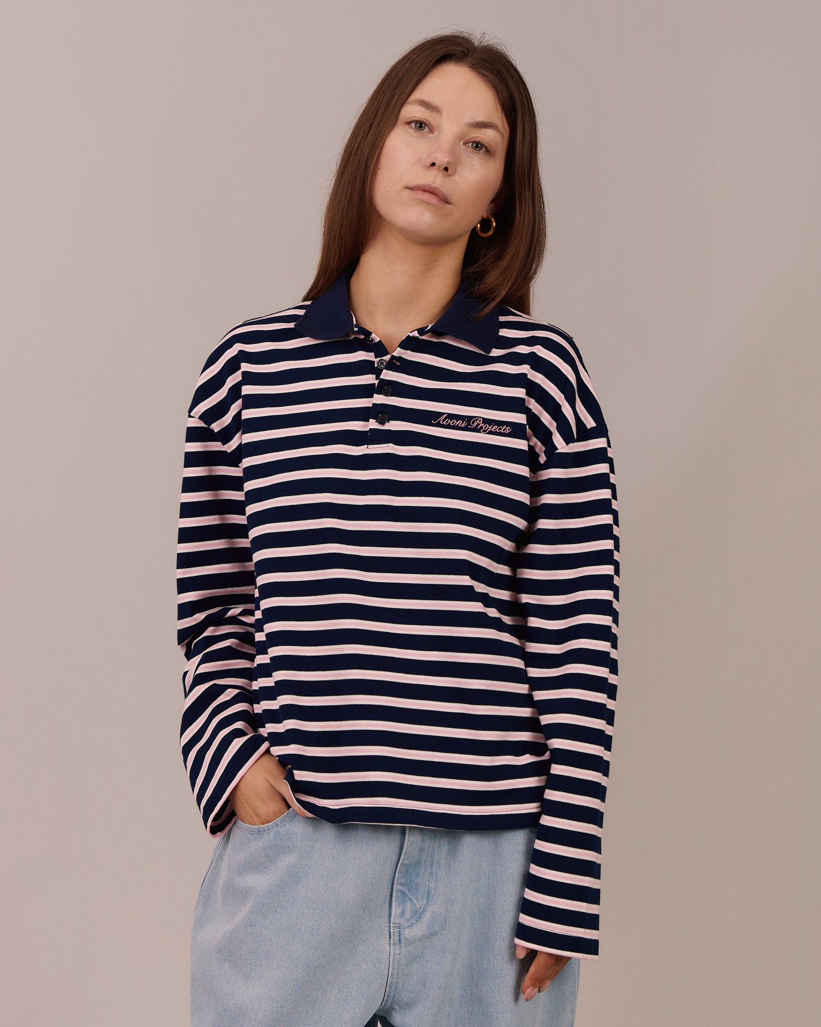 LS Polo Shirt - Navy/Pink Stripe