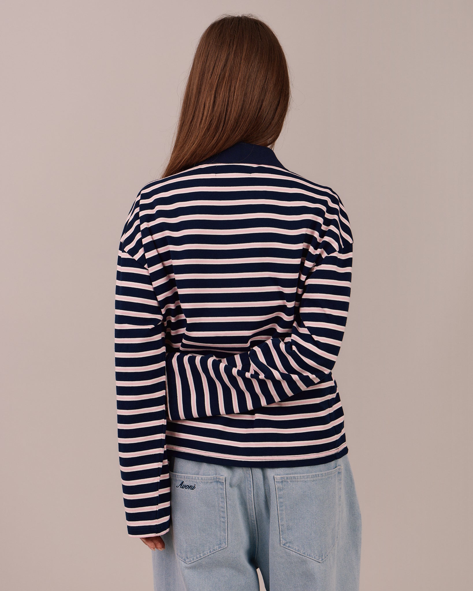 LS Polo Shirt - Navy/Pink Stripe