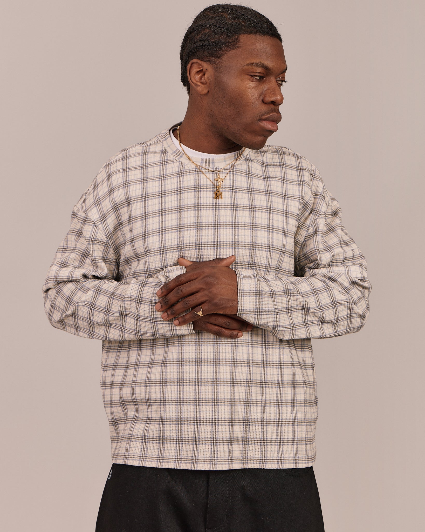 Classic LS Waffle Tee - Blue Check
