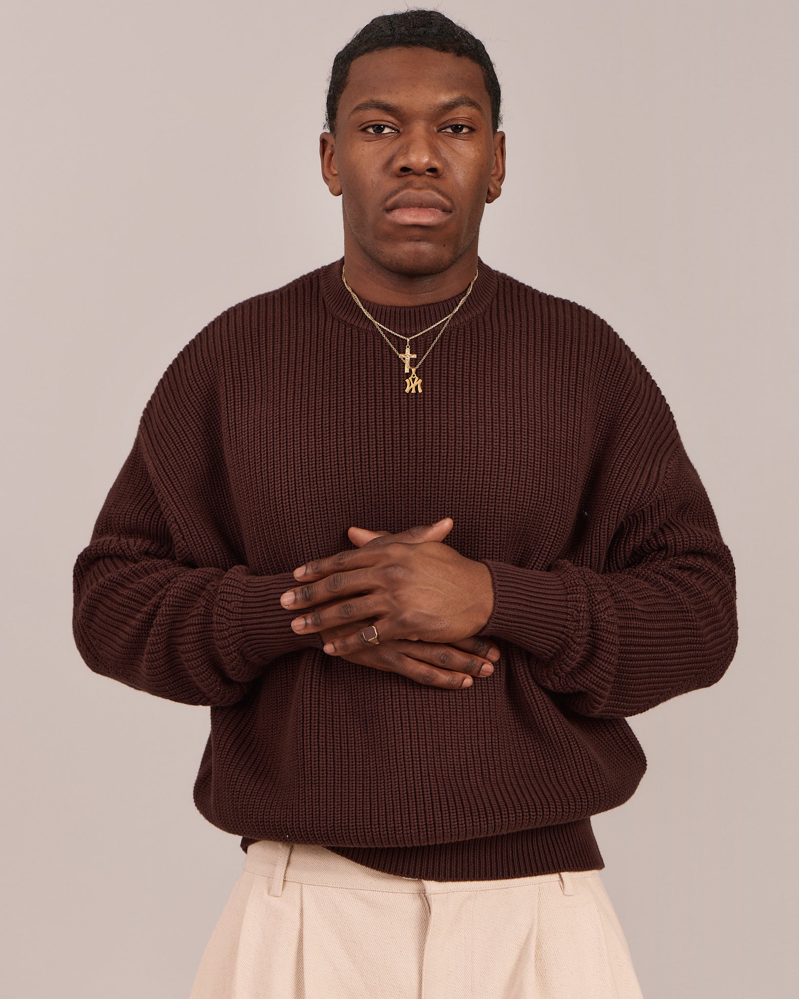 Fisherman O Neck Knit - Dark Brown