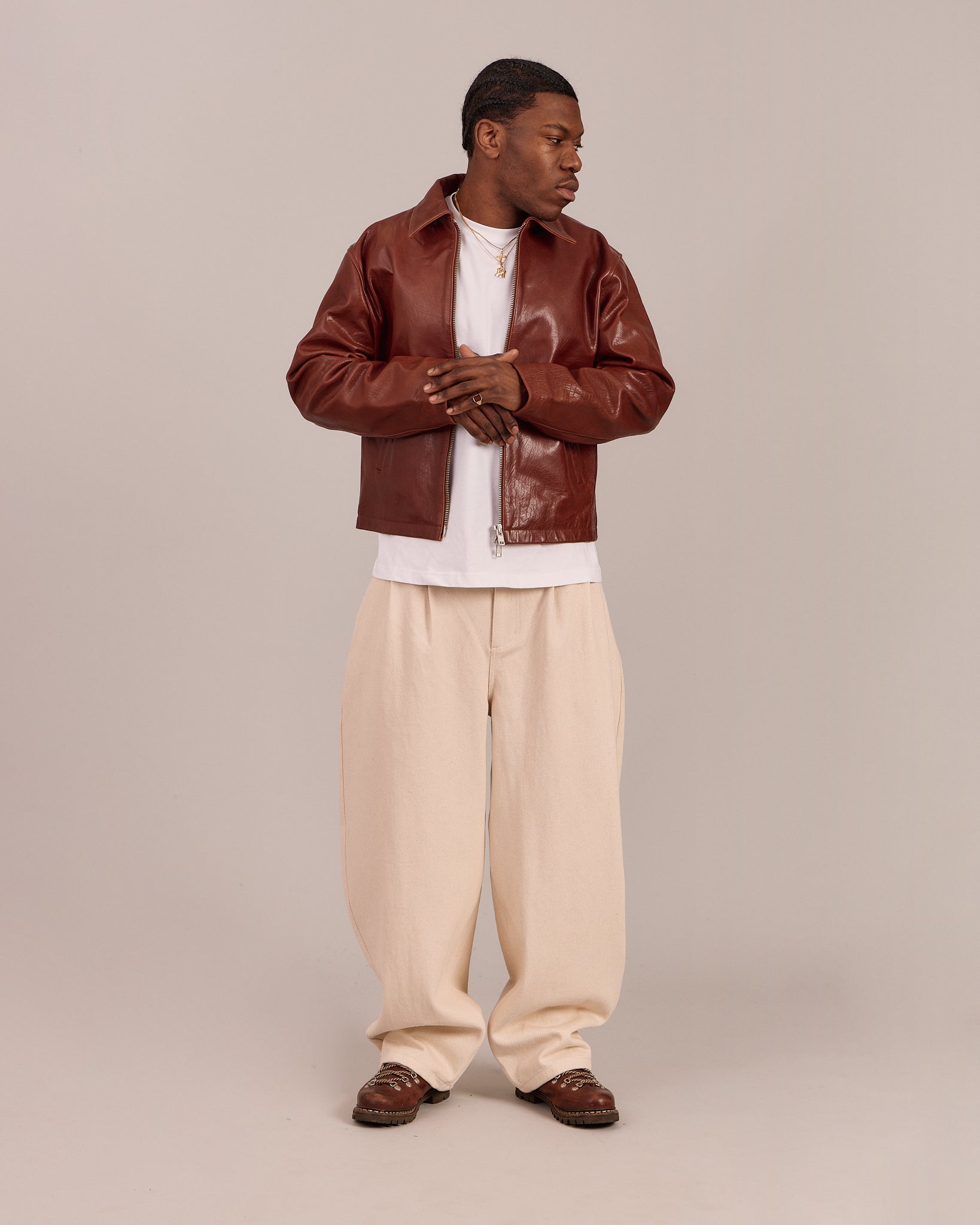 Baggy Pleated Jeans - Beige