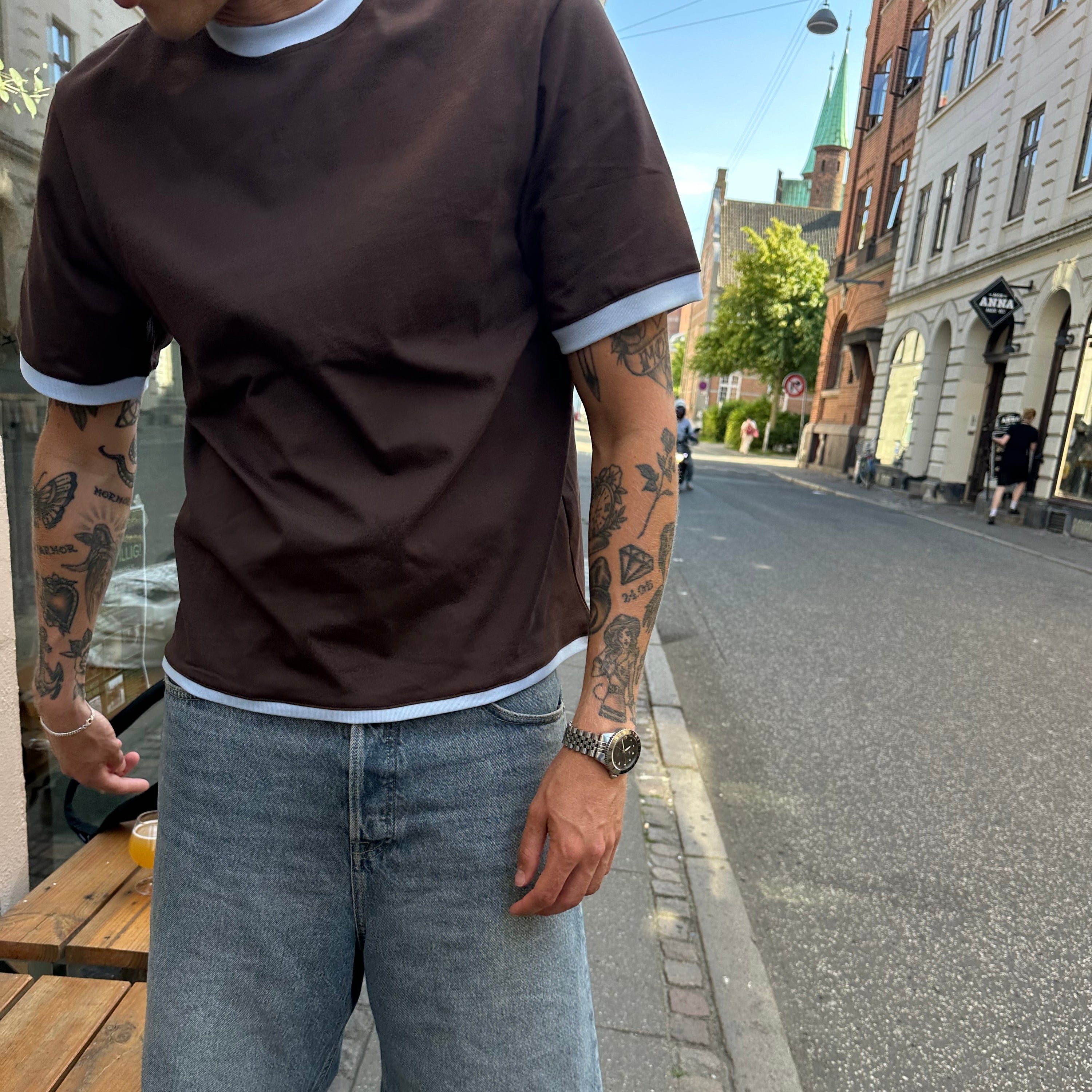 SS Ringer Tee - Brown/Baby Blue