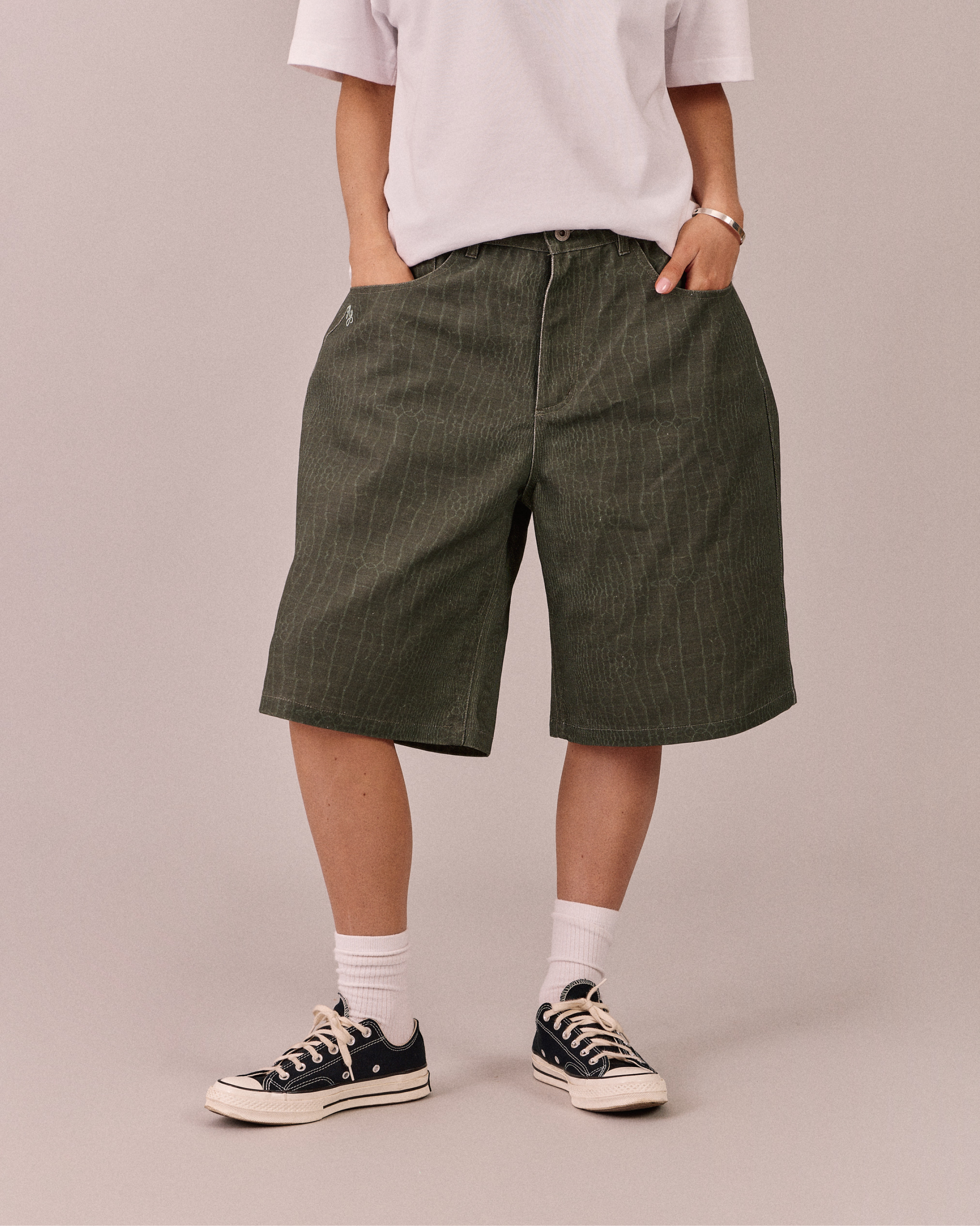 Baggy Canvas Jorts - Green Croc