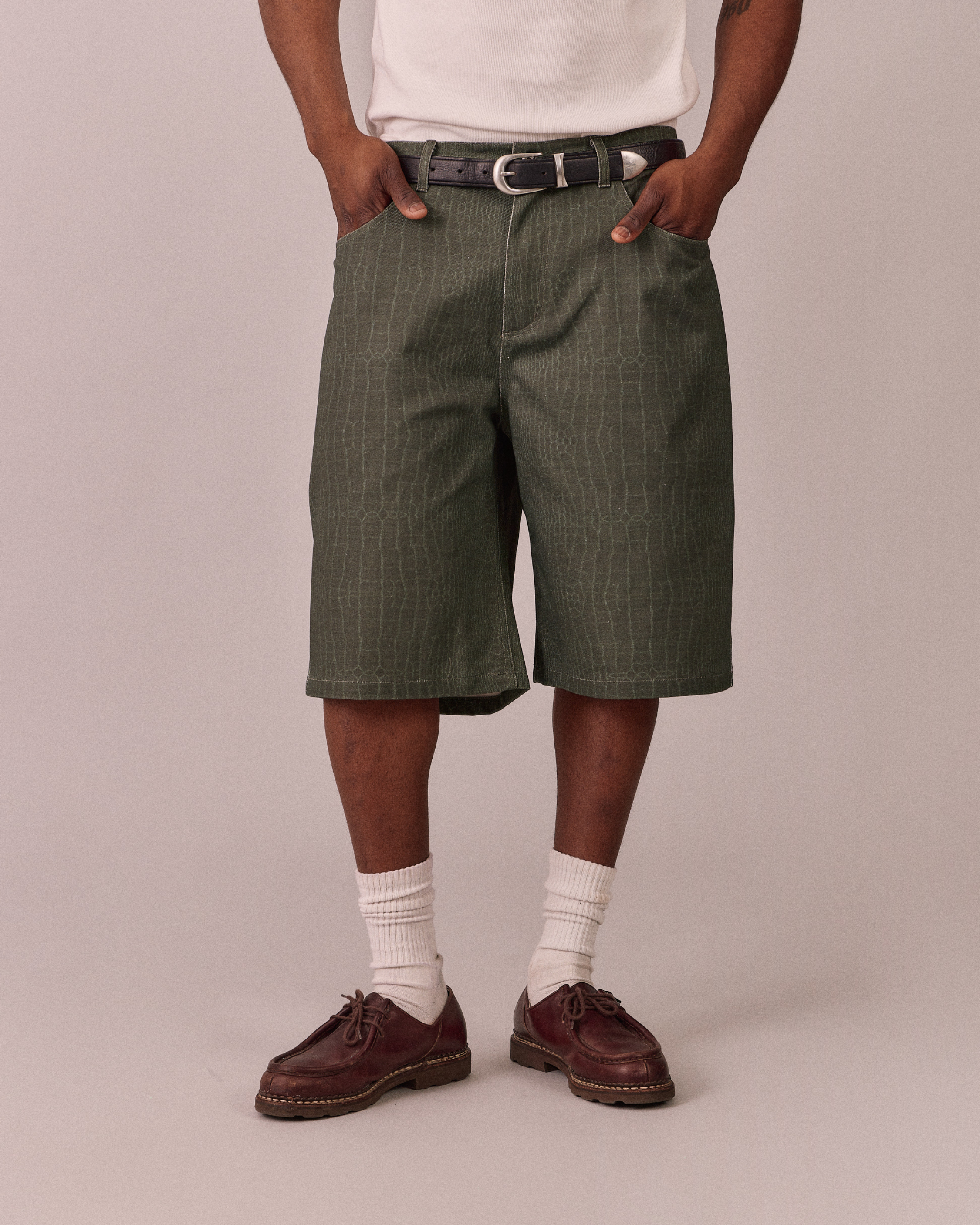 Baggy Canvas Jorts - Green Croc