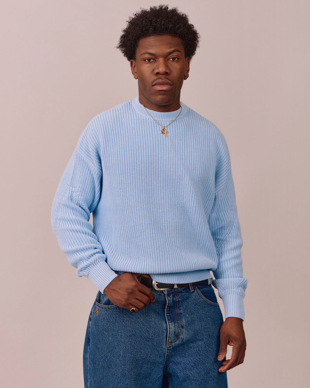 Fisherman O Neck Knit - Baby Blue