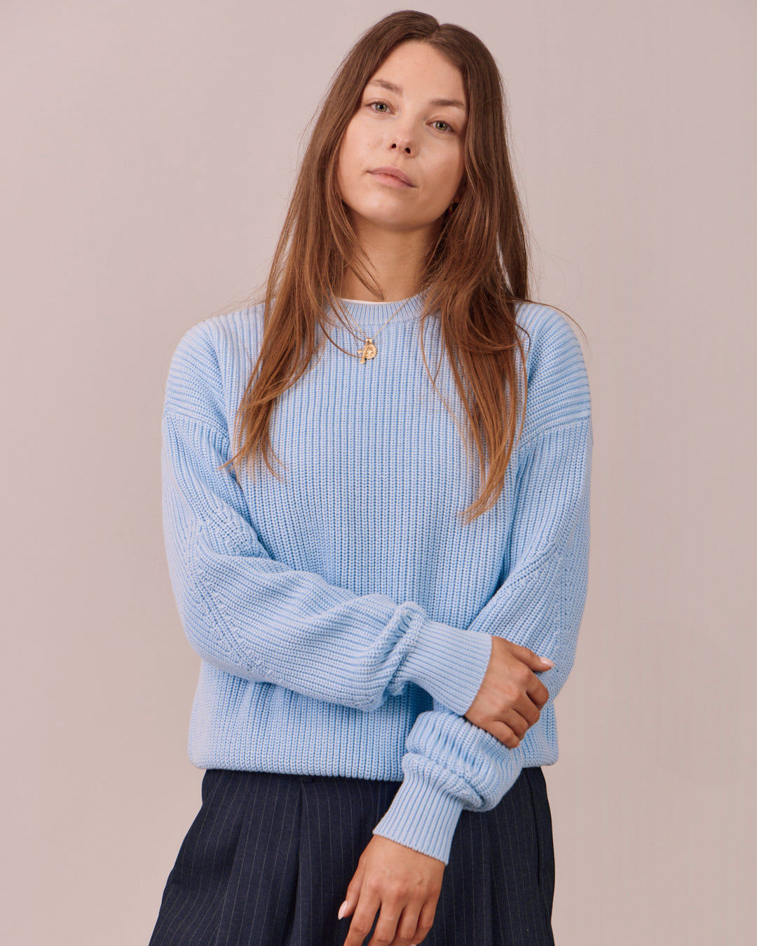 Fisherman O Neck Knit - Baby Blue