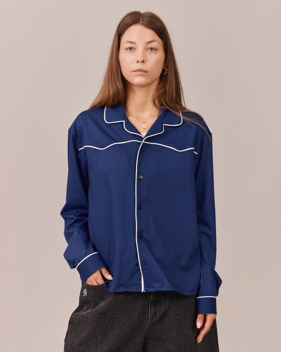 LS Western Shirt w. Piping - Navy