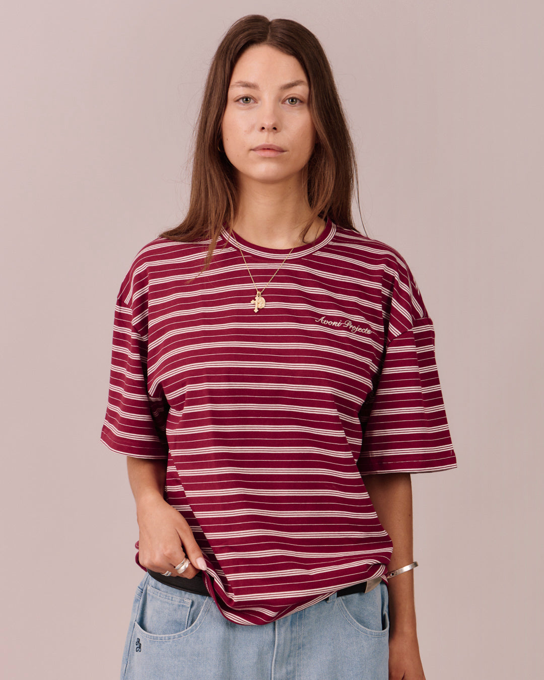 Boxy SS Tee - Burgundy Stripe