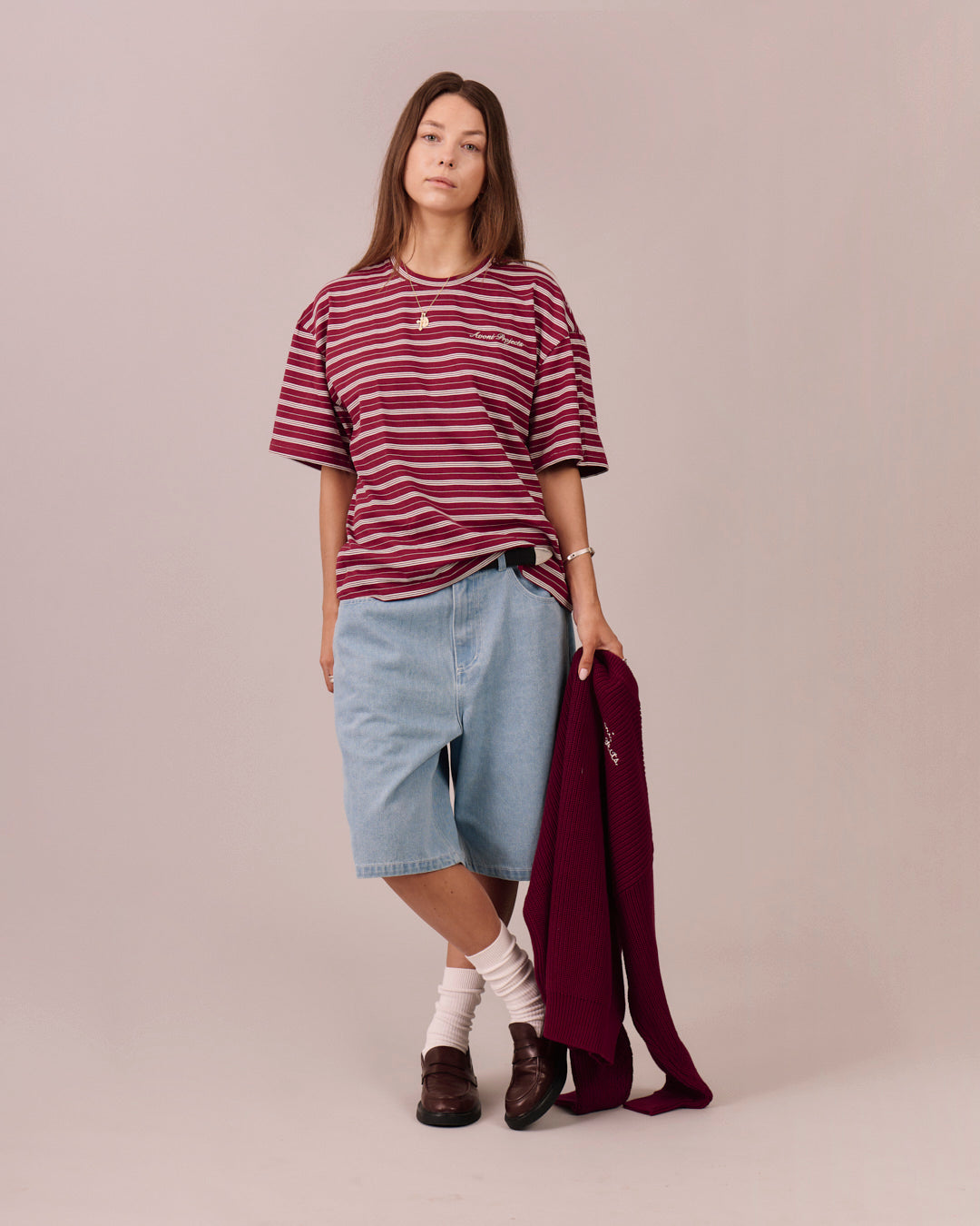 Boxy SS Tee - Burgundy Stripe