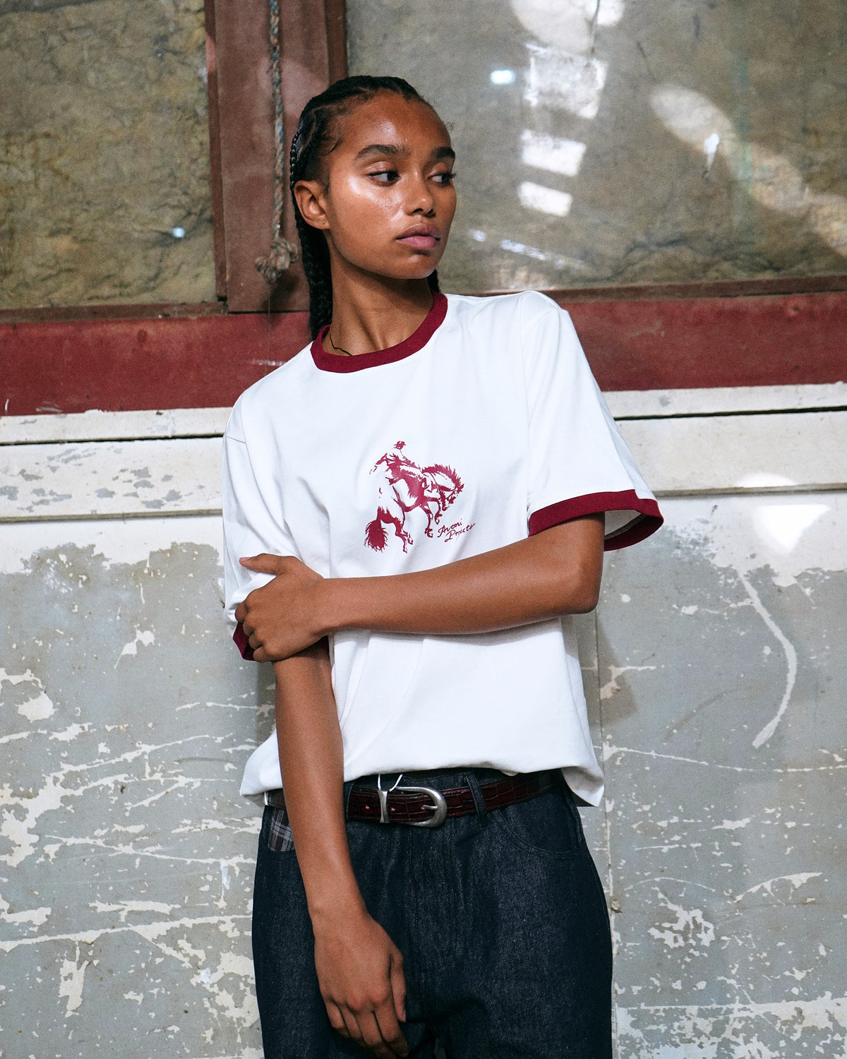 SS Cowboy Ringer Tee - Off White/Burgundy