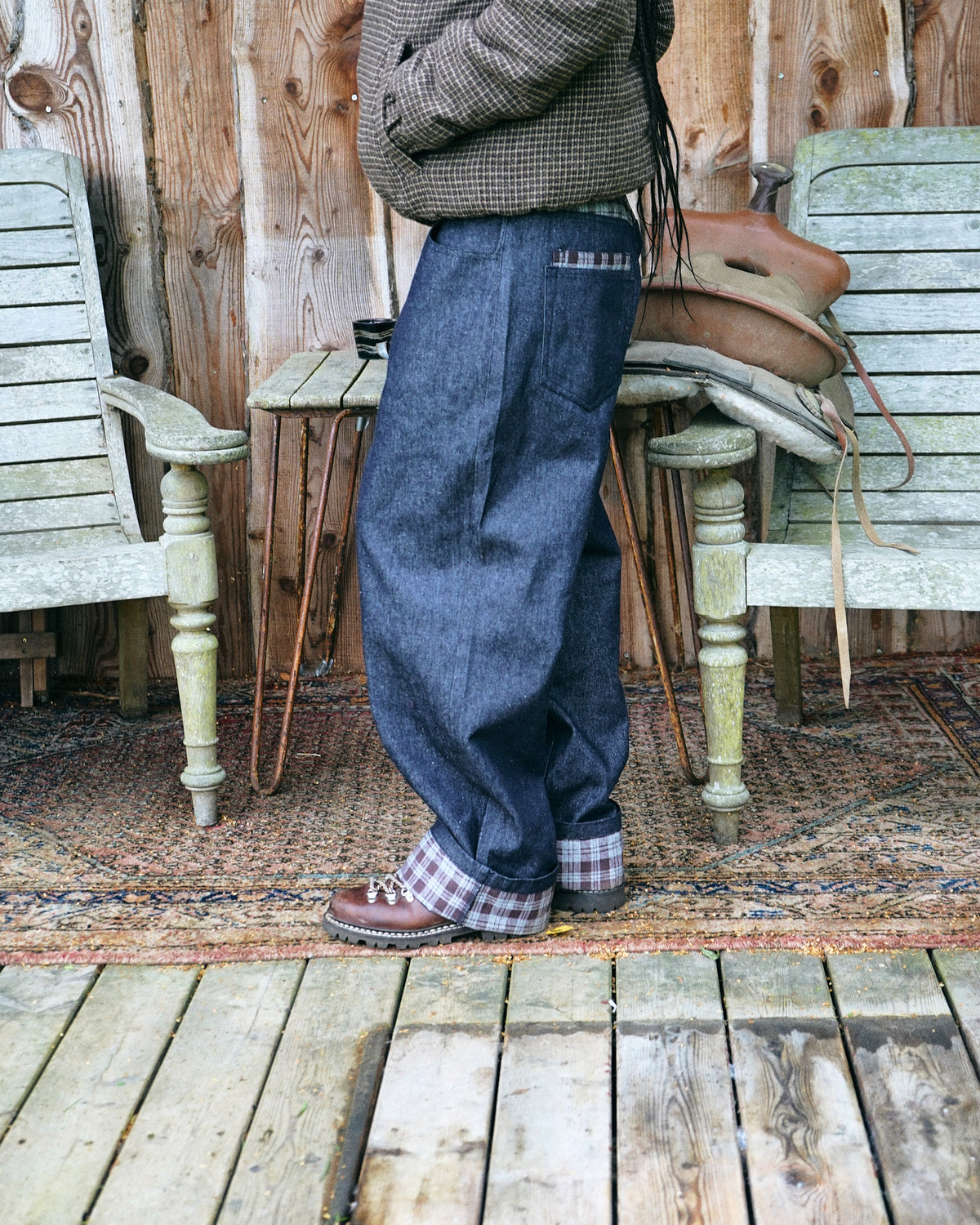 Baggy Jeans - Indigo/Brown Check