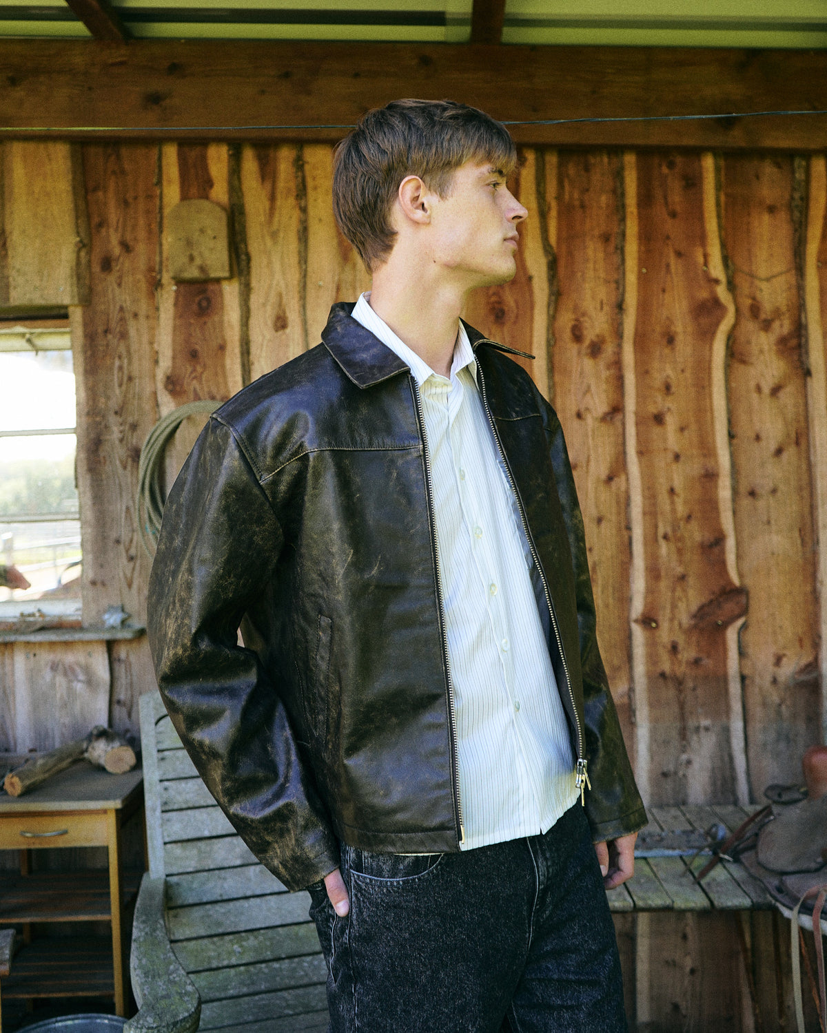Distressed Leather Jacket w. Buckles - Brown