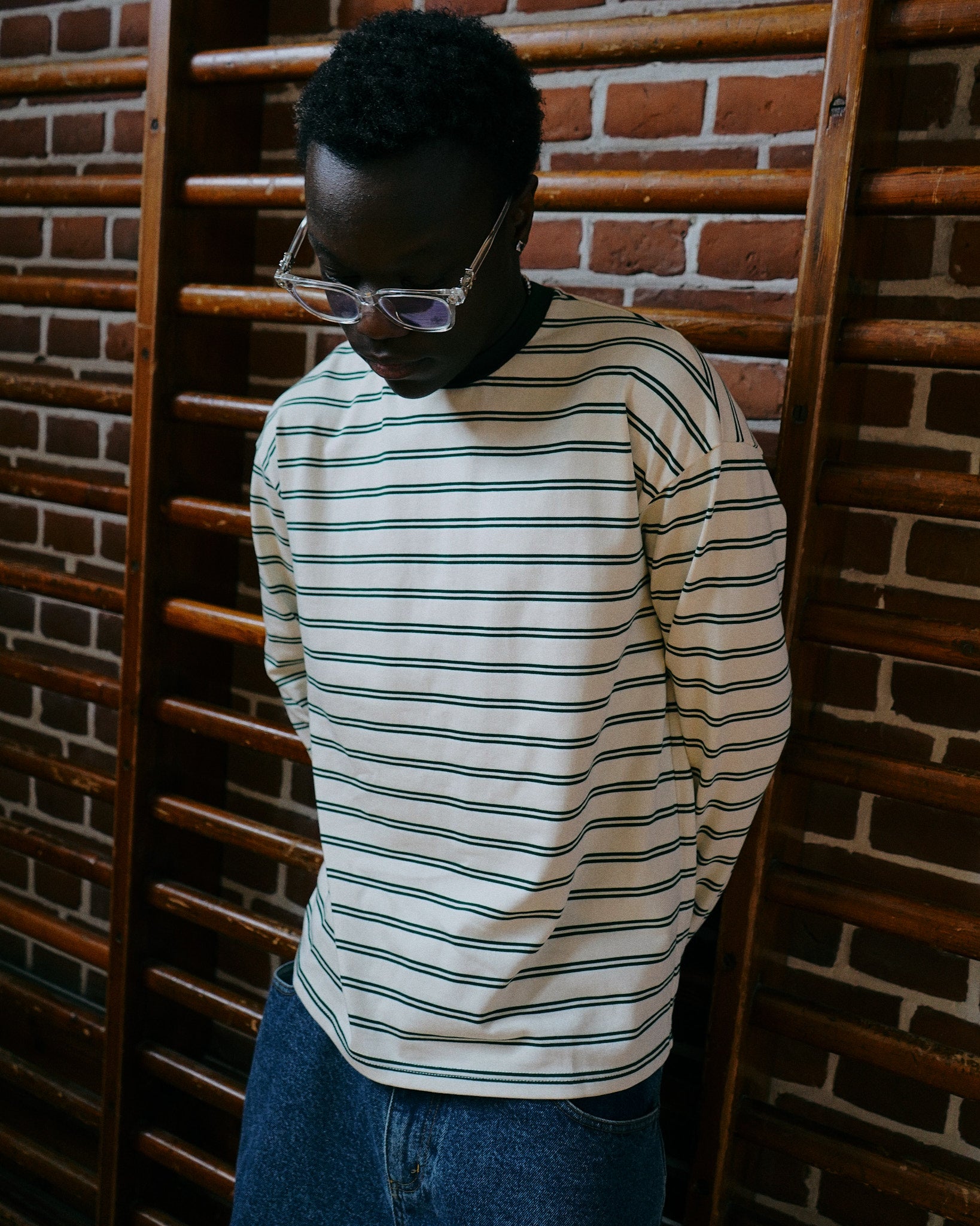 LS Classic Tee - Green/Marshmallow Stripe