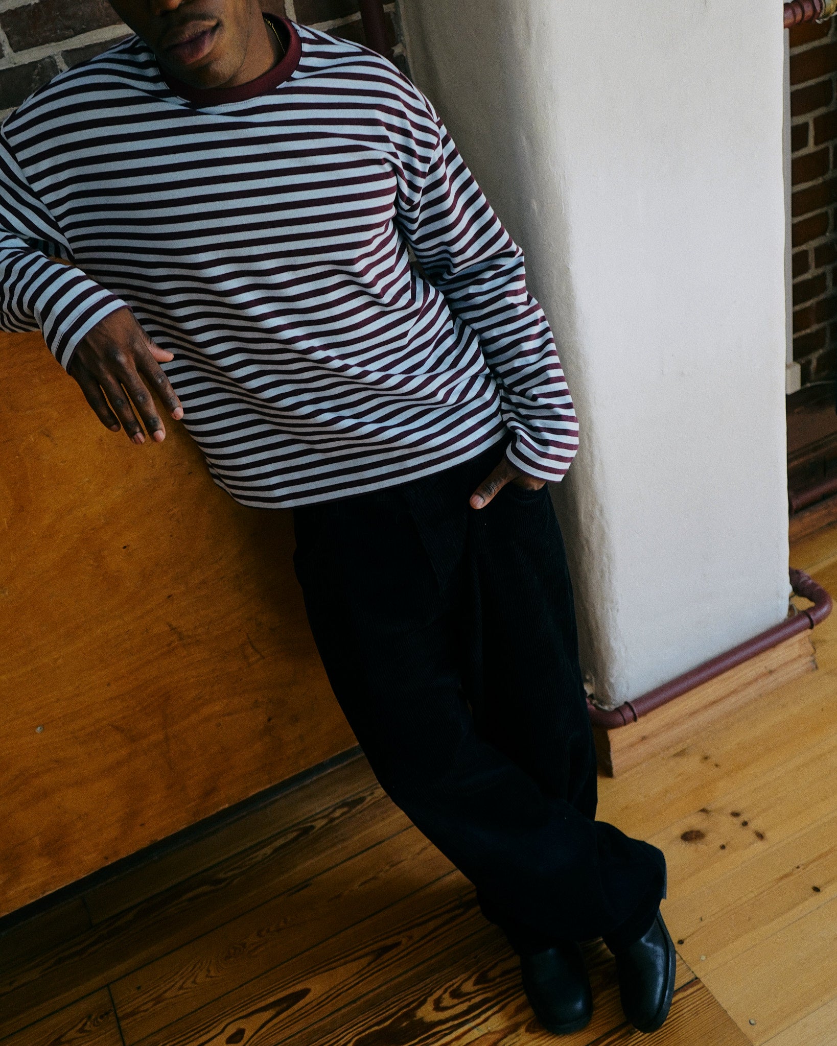 LS Classic Tee - Baby Blue/Burgundy Stripe